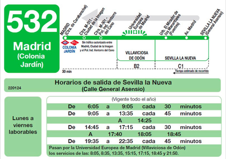 Sevilla la Nueva | 3 de cada 4 expediciones de la línea 532 no realizarán parada en la Universidad Europea de Madrid