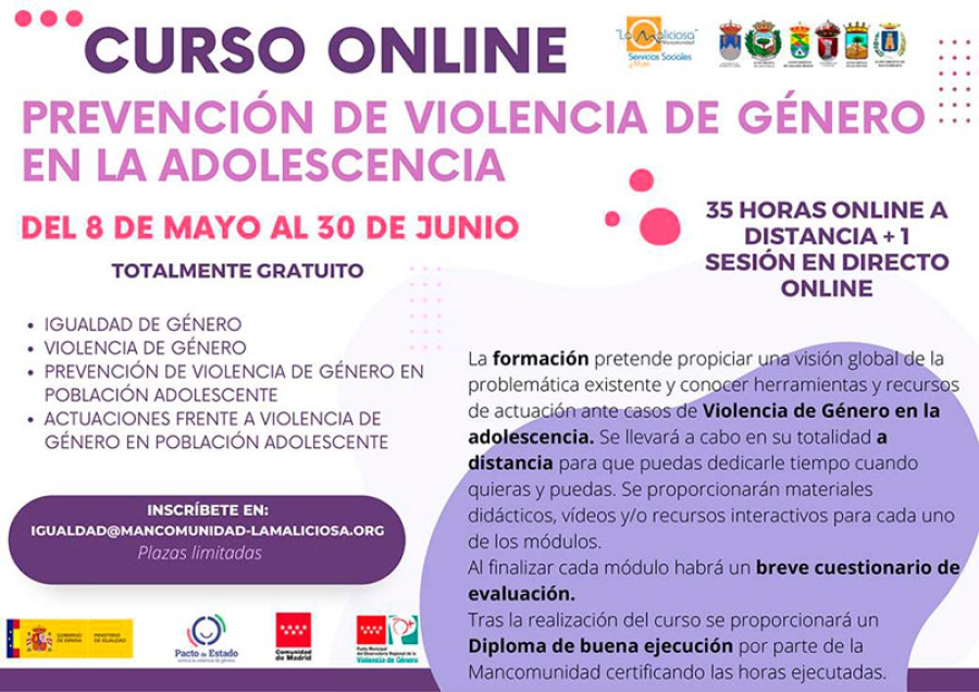 Guadarrama | La Mancomunidad La Maliciosa abre la inscripción en el curso on line de prevención de violencia de género en la adolescencia