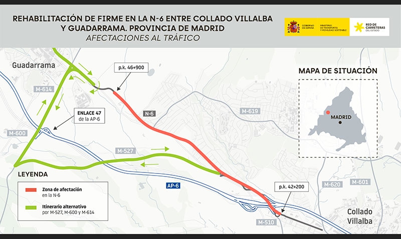 Guadarrama | La rehabilitación del firme en la Nacional VI, Km 42 al 47, producirá cortes de tráfico en horario diurno del 1 al 5 de junio