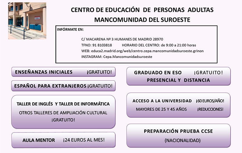 Humanes de Madrid | Abierta la inscripción para matricularse en las diversas enseñanzas de personas adultas
