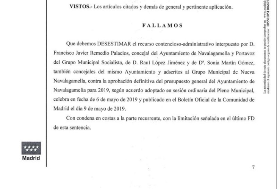 Navalagamella | El TSJM da la razón al Ayuntamiento desestimando el recurso presentado por los grupos municipales del PSOE y Nuevagamella contra el Presupuesto 2019