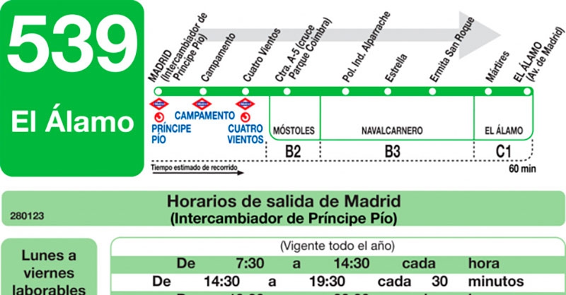 El Álamo | Nueva frecuencia de bus directo El Álamo-Príncipe Pío de la línea 539